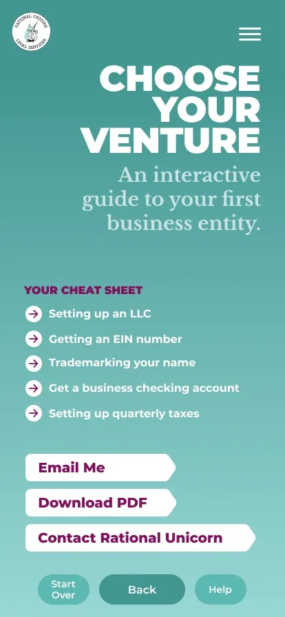 Your Cheat Sheet: setting up an LLC, getting an EIN number, trademarking your name, getting a business checking account and setting up quarterly taxes, with Email Me, Download PDF and Contact Rational Unicorn buttons