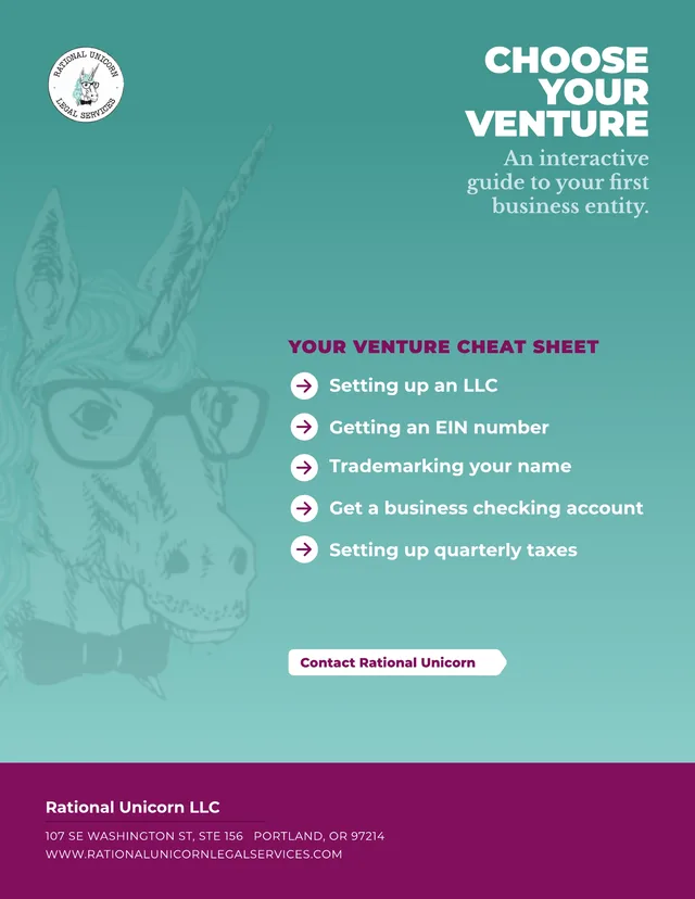 The cheat sheet as a letter-size PDF: CHOOSE YOUR VENTURE over the faded unicorn on teal, the five steps under Your Venture Cheat Sheet, a Contact Rational Unicorn button, and the firm’s Portland address in a raspberry band at the foot