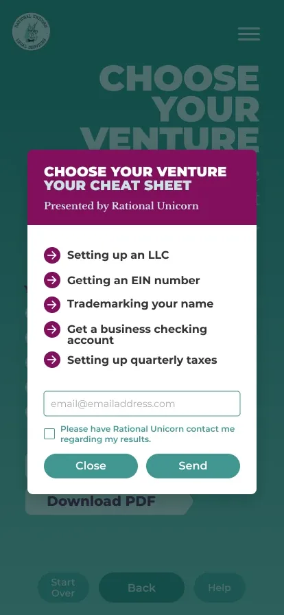 Emailing the cheat sheet: a white card headed Choose Your Venture, Your Cheat Sheet, Presented by Rational Unicorn, with the five steps, an email field, a box to ask the firm to get in touch, and Close and Send buttons