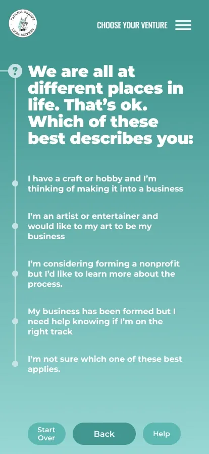 The first question, along a thin line down the left: We are all at different places in life. That’s ok. Which of these best describes you, with five answers, from a craft or hobby to make into a business to not sure, above Start Over, Back and Help buttons