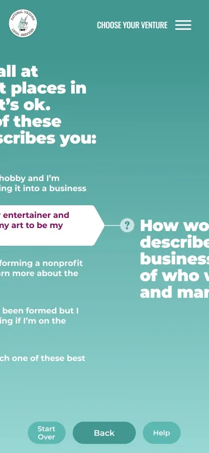 An answer chosen: its white arrow-shaped tab points along a line to the second question, How would you describe your business, sliding in from the right
