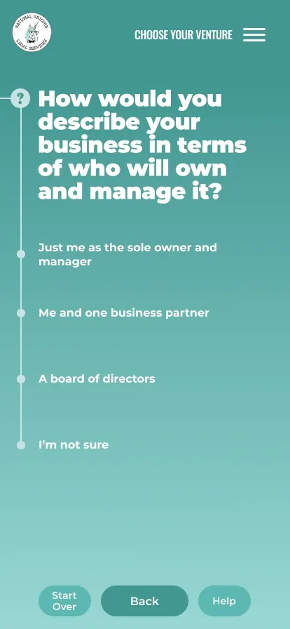 The second question: How would you describe your business in terms of who will own and manage it? Just me as the sole owner and manager, me and one business partner, a board of directors, or I’m not sure
