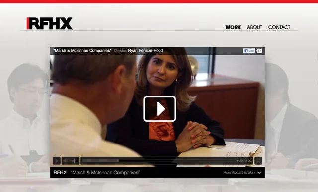 The work page comp with a film for Marsh & McLennan Companies: a video still of two people talking across a desk, in a large player under the RFHX logo
