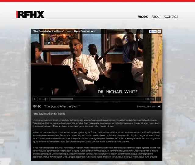 The RFHX work page comp, open on The Sound After the Storm: a video still of a clarinetist with his band, captioned Dr. Michael White, and the film’s write-up below, over a faded aerial photograph of flooded streets