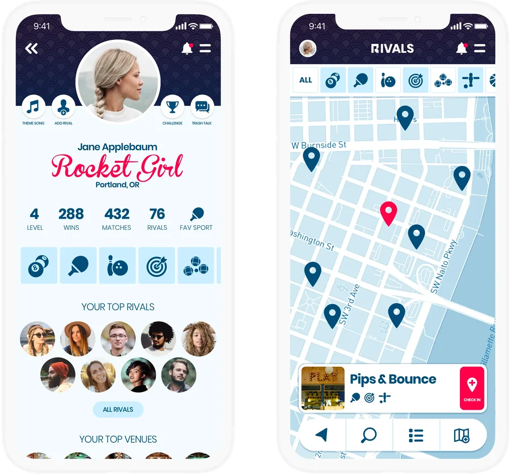 The finished app on two phones: a player’s profile and a map of nearby bars with games