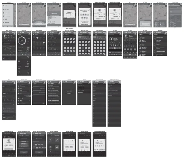 Every screen of the Rivals app laid out as wireframes