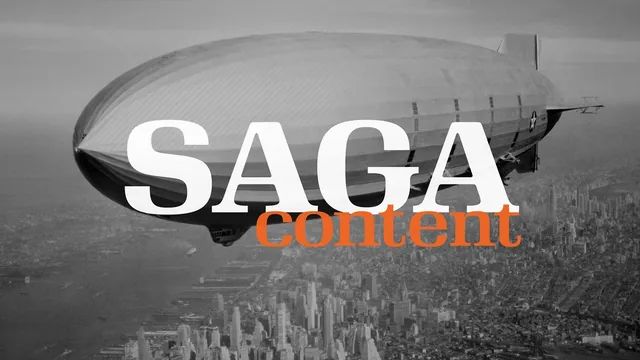 A title slide: SAGA in white slab-serif capitals with content in orange below, over a black-and-white photograph of an airship above a city, under a screen of fine diagonal lines