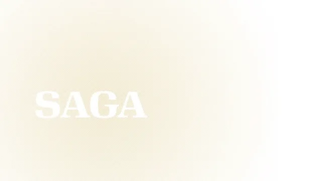The first slide: SAGA in white capitals at the left of a cream background with fine diagonal stripes