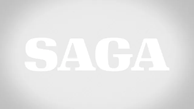 Another title slide: SAGA in large white capitals on a pale gray glow with fine diagonal stripes