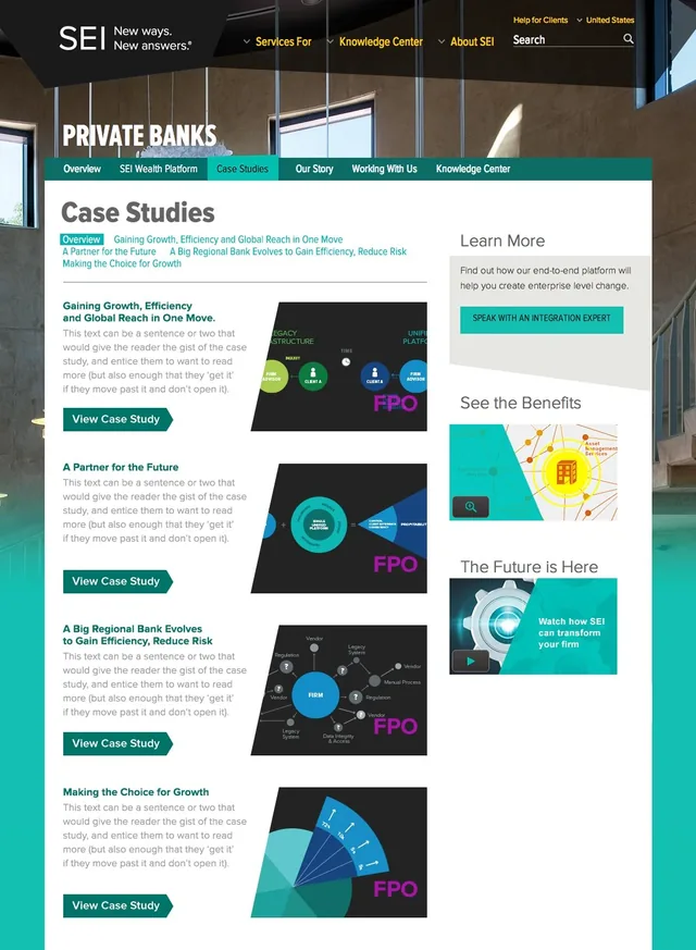 The Private Banks case studies page: four case studies, from Gaining Growth, Efficiency and Global Reach in One Move to Making the Choice for Growth, each with a dark diagram, and links to learn more on the right