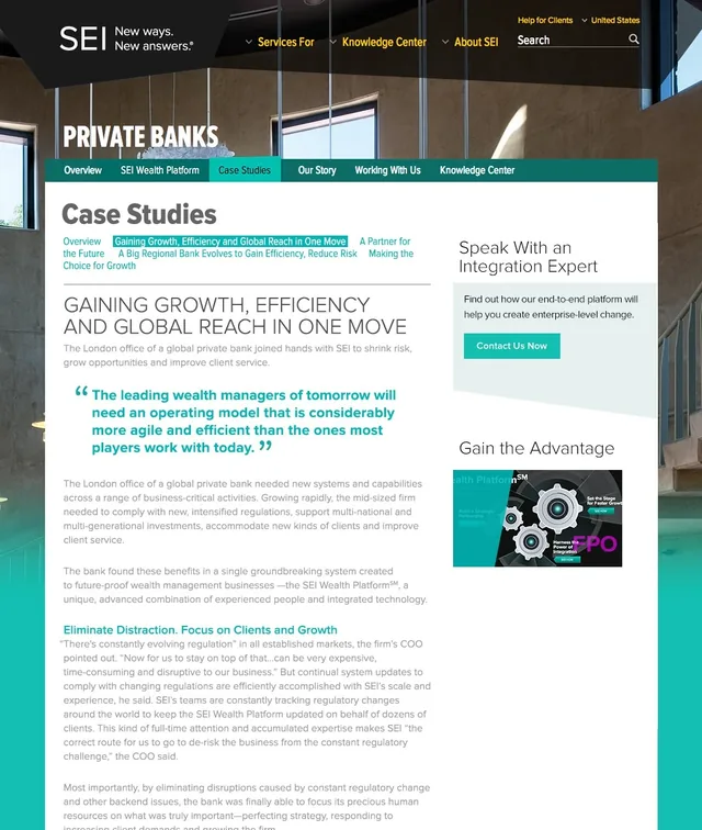 A case study page, Gaining Growth, Efficiency and Global Reach in One Move: the story of a global private bank’s London office, with large teal pull quotes
