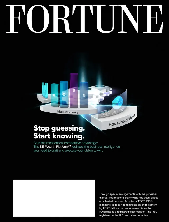 A cover wrap concept under the Fortune masthead: a glowing 3D platform of currency bars and household views, with Stop guessing. Start knowing.