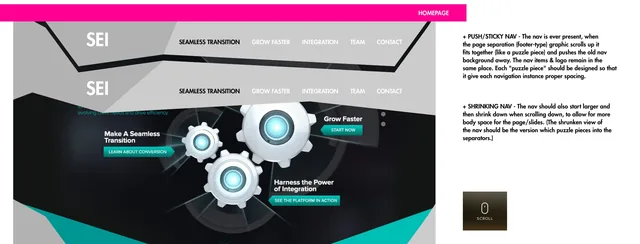 UX notes for the homepage: two states of the navigation bar over the gears, with notes on a sticky navigation that each angled divider pushes away like a puzzle piece, and on a navigation that shrinks as you scroll