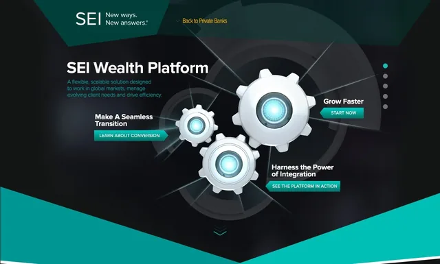 The top of the SEI Wealth Platform page: three glowing white gears on black, with headings for making the transition, growing faster and harnessing the power of integration, each with a teal button