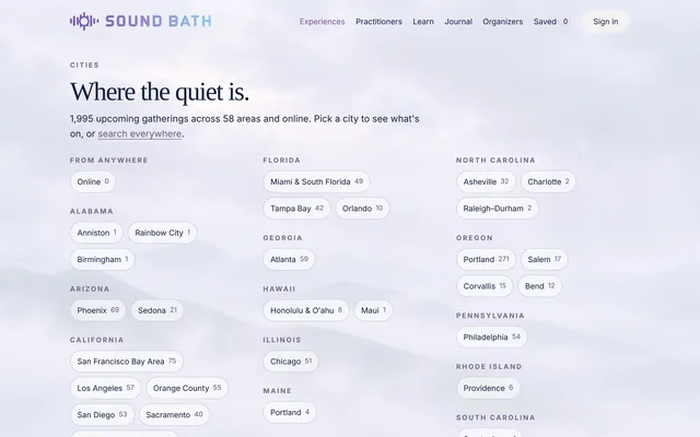The SoundBath.co cities page: “Where the quiet is.” with upcoming gatherings across 58 areas, grouped by state