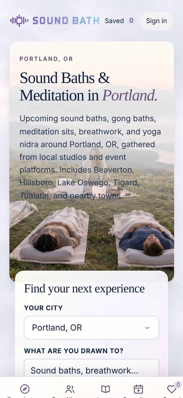 A SoundBath.co city page on a phone: sound baths and meditation in Portland