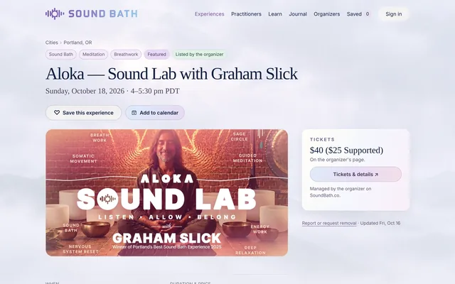 A SoundBath.co event page for a Sound Lab with Graham Slick: date, price and a link to tickets