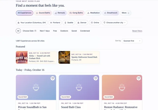 SoundBath.co’s listings, filtered by kind, place and date, with featured sessions and today’s sessions as cards