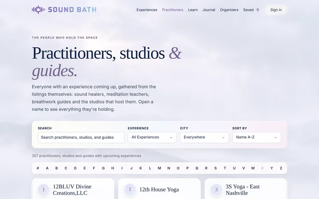 The SoundBath.co directory of practitioners, studios and guides, searchable and sorted A to Z