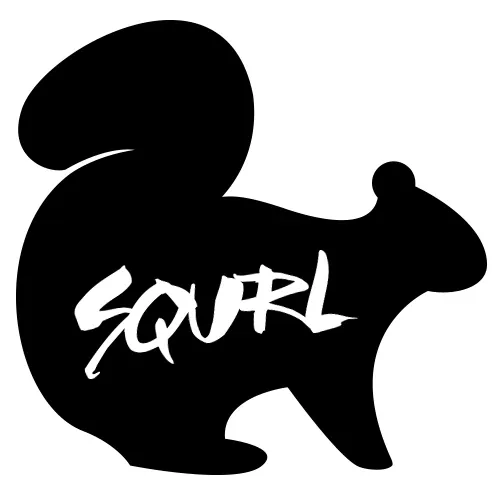 An earlier version: SQURL in rough white brush capitals across a large black squirrel silhouette