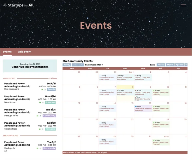 The Startups for All events page on the desktop: Events in salmon type over a starry sky, a featured Cohort 2 Final Presentations box, a list of August events with topic emoji and category tags, and a month calendar of community events for September 2021