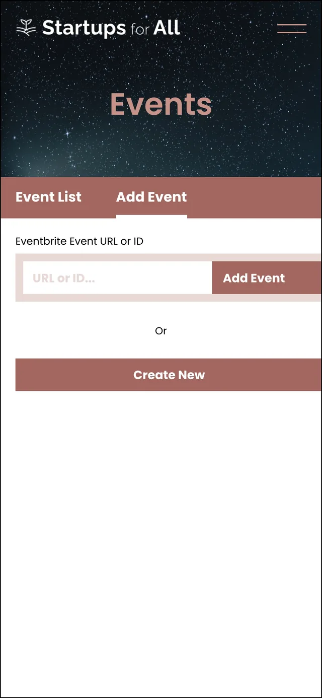 Adding an event on a phone: a field for an Eventbrite event URL or ID with an Add Event button, or Create New