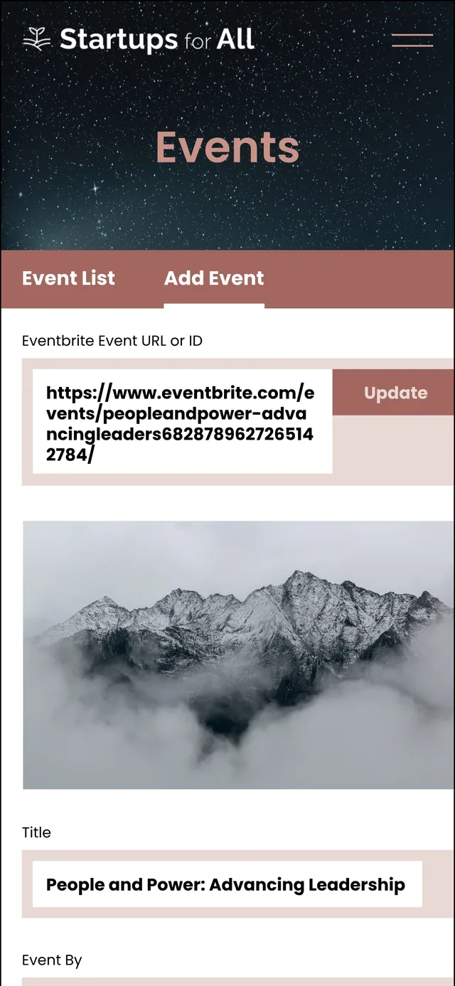 Checking a new event on a phone, the top of the page: the Eventbrite link with an Update button, the event photo and its title, People and Power: Advancing Leadership