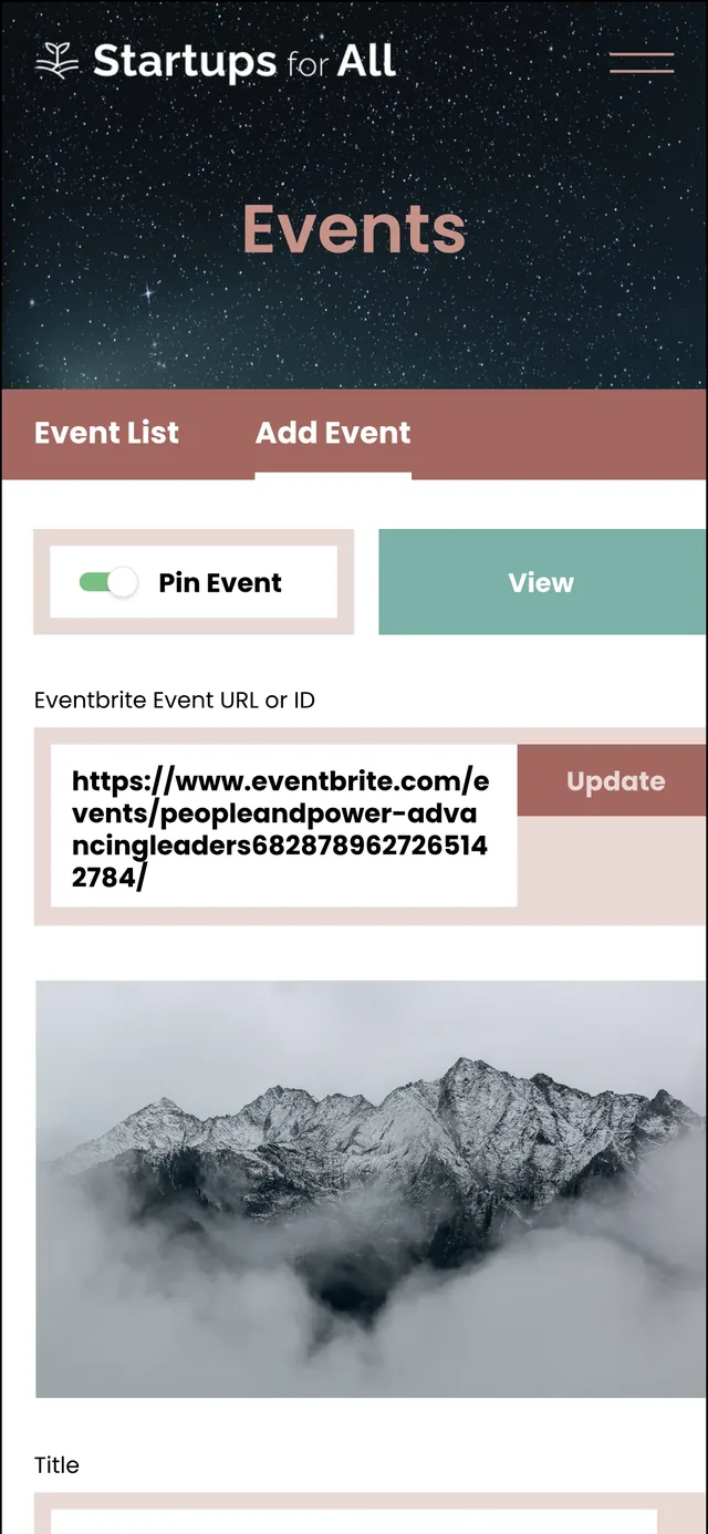 The admin’s edit view on a phone, the top of the page: a Pin Event switch and a View button above the Eventbrite link and the event photo