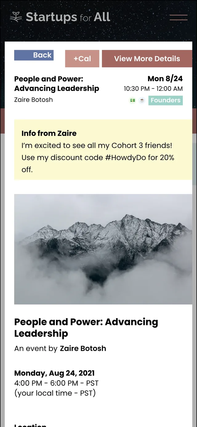 An event on a phone, the top of the page: Back, +Cal and View More Details buttons, the event’s title and date, a yellow note from the host with a discount code, and a photo of a misty mountain