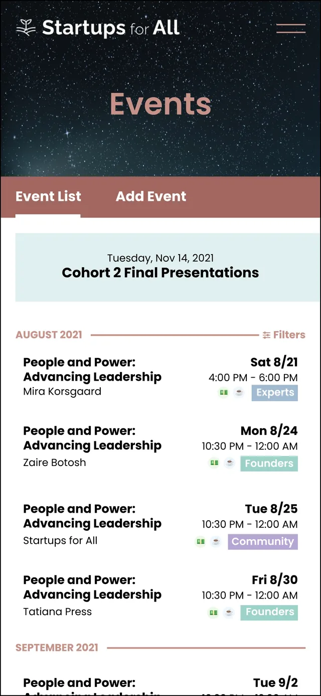 The events page on a phone: the Startups for All header over a starry sky, Event List and Add Event tabs, the featured Cohort 2 Final Presentations and a list of August events with dates, times and category tags