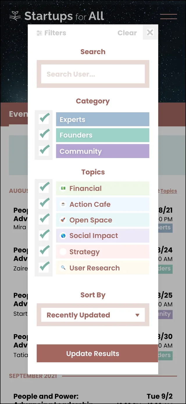 Filters on a phone: a search box, categories (experts, founders, community), topics from financial to user research, a sort menu and an Update Results button