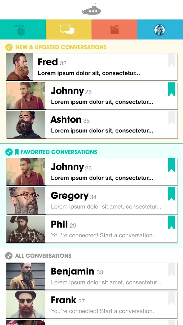 The conversations list in three groups, new and updated, favorited, and all, each row a man’s photo, his name and age, and the start of the last message or “You’re connected! Start a conversation,” with a bookmark for favorites