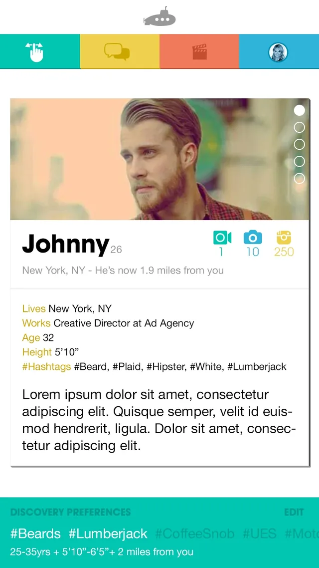 Johnny’s card opened up: where he lives, his work (creative director at an ad agency), his age, height and hashtags, above placeholder text for his bio