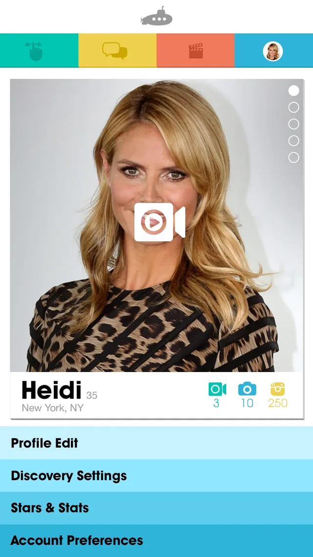 Your own profile card, a woman of 35 in New York with 3 videos, 10 photos and 250 Instagram posts, above a menu of Profile Edit, Discovery Settings, Stars & Stats and Account Preferences