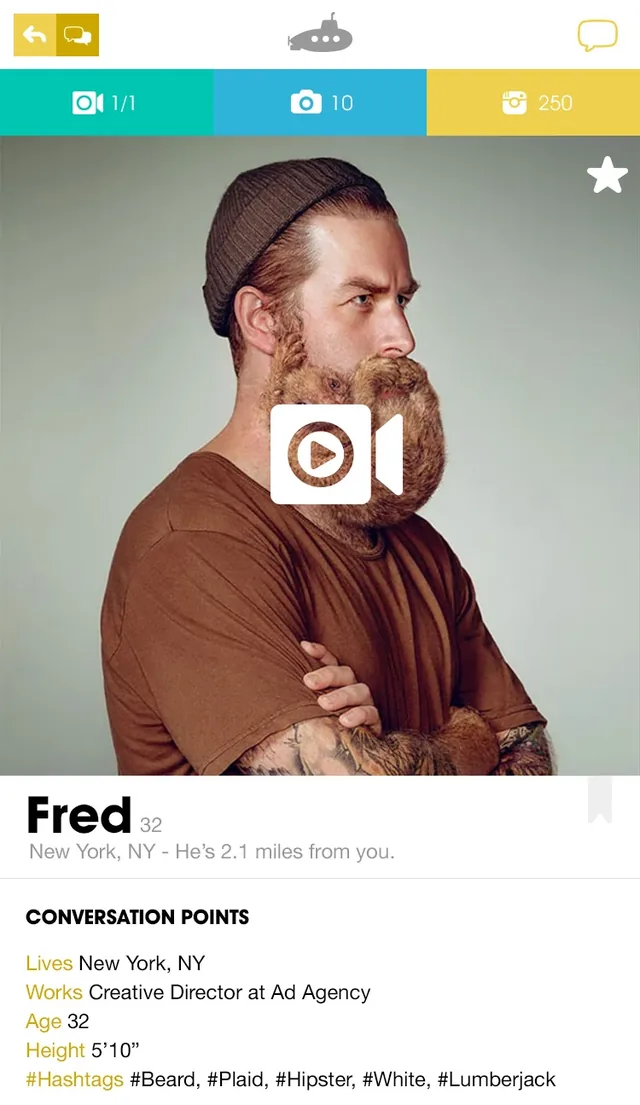 Fred’s profile, opened from a conversation: a large photo with a play button and a star, tabs for 1 video, 10 photos and 250 Instagram posts, and his conversation points: New York, creative director at an ad agency, 32, 5′10″, and his hashtags