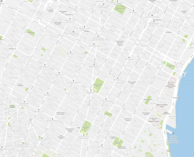 The custom map style over Manhattan from Greenwich Village up to Grand Central: white streets on pale gray, small gray labels, green parks such as Madison Square and Union Square, and the blue East River