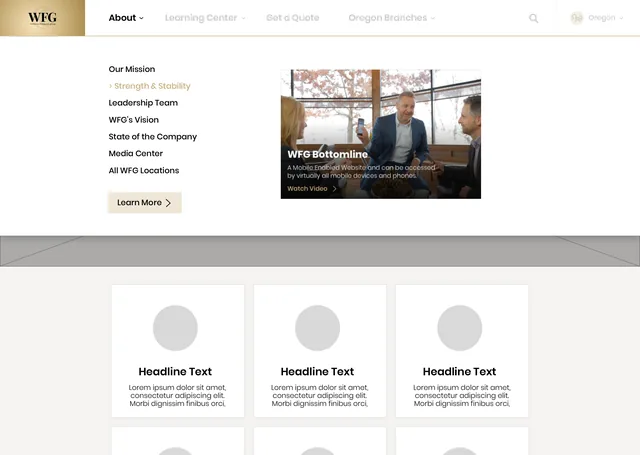 The About menu open full width: Our Mission, Strength & Stability, Leadership Team, WFG’s Vision, State of the Company, Media Center and All WFG Locations, beside a featured video, WFG Bottomline