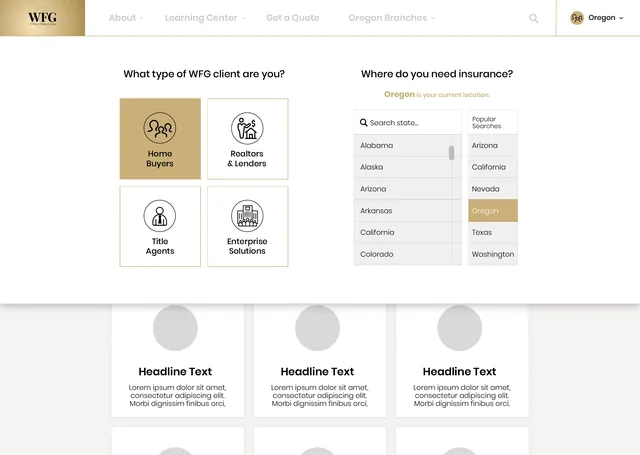The client and location menu open full width: What type of WFG client are you?, with Home Buyers selected, and Where do you need insurance?, with a state search and a list in which Oregon is chosen