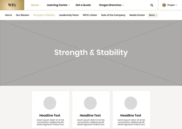 An interior page, Strength & Stability, with a persistent bar of the About section’s pages under the main menu, and placeholder cards below