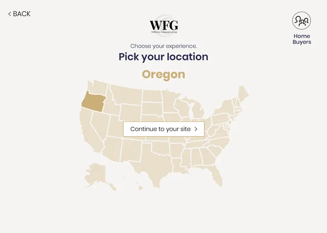 The second step, Pick your location: a map of the United States with Oregon picked in gold, and a Continue to your site button