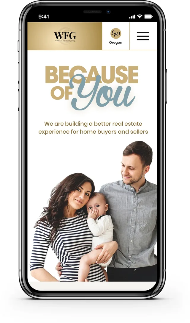 The mobile homepage on an iPhone: the WFG logo, an Oregon location button and a menu icon, then Because of You, the same line and the family photo