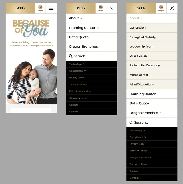 Three mobile screens: the homepage; the open menu, with About, Learning Center, Get a Quote, Oregon Branches and search above a black menu of footer links; and the same menu with About expanded