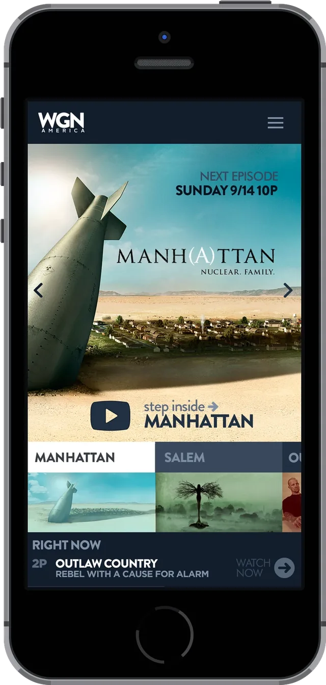 The homepage on an iPhone: Manhattan’s next episode and Step inside Manhattan, the show tabs and what’s on right now