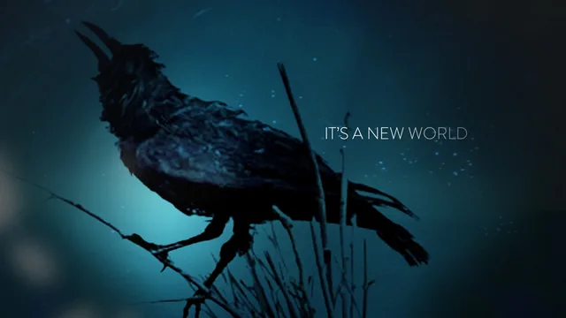 A storyboard frame: a crow in silhouette on a branch beside It’s a new world, in deep blue