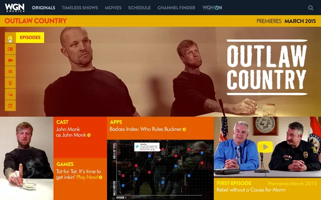 The Outlaw Country page in orange and gold: two of the show’s cast at a table beside the title, with tiles for the cast, a Badass Index app, a tattoo game and the first episode, premiering March 2015