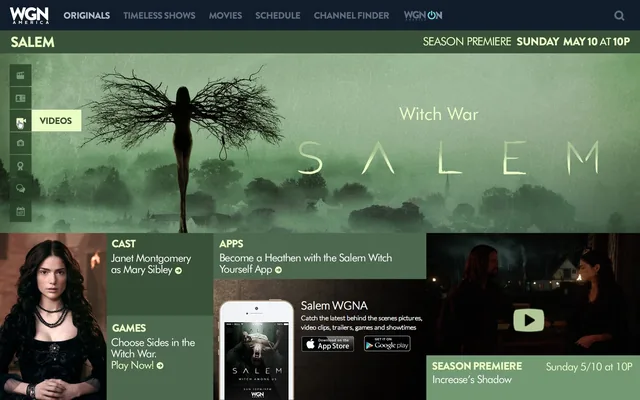 The Salem page in pale green: Witch War over the show’s art of a woman with branches for wings, a column of icons down the left, and tiles for the cast, apps, games and the season premiere