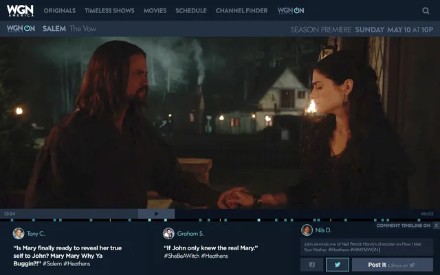 WGN On: an episode of Salem, The Vow, playing at full width, with a timeline of viewers’ comments under the player and a box for posting one and sharing it on Twitter.
