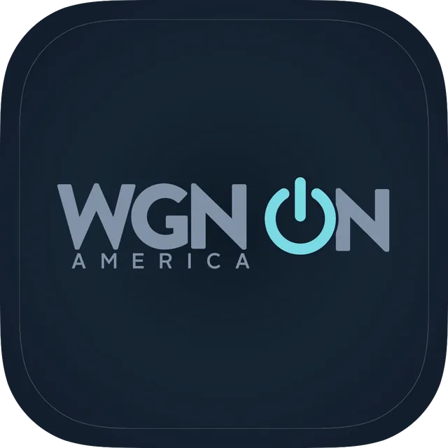 The WGN On app icon: WGN ON in gray on a dark navy square, the O drawn as a blue power symbol, with America below