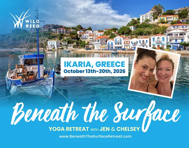Beneath the Surface, a yoga retreat with Jen and Chelsey: a harbor in Ikaria, Greece, with a fishing boat and white houses, their photo, and October 13 to 20, 2026