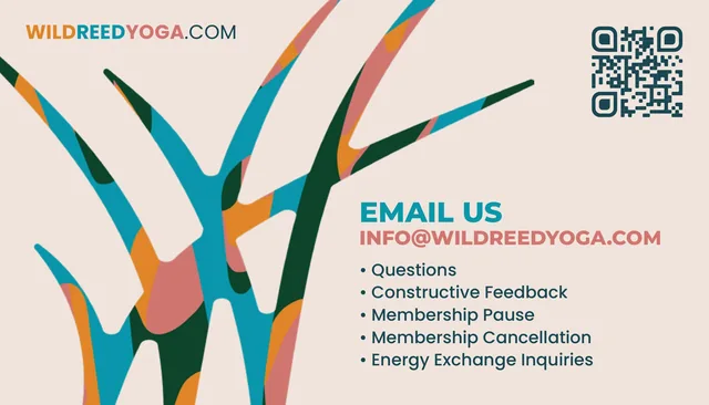 The back of the card: big patchwork reeds on linen, wildreedyoga.com, a QR code, and Email us at info@wildreedyoga.com, for questions, feedback, membership pauses and cancellations, and energy exchange inquiries